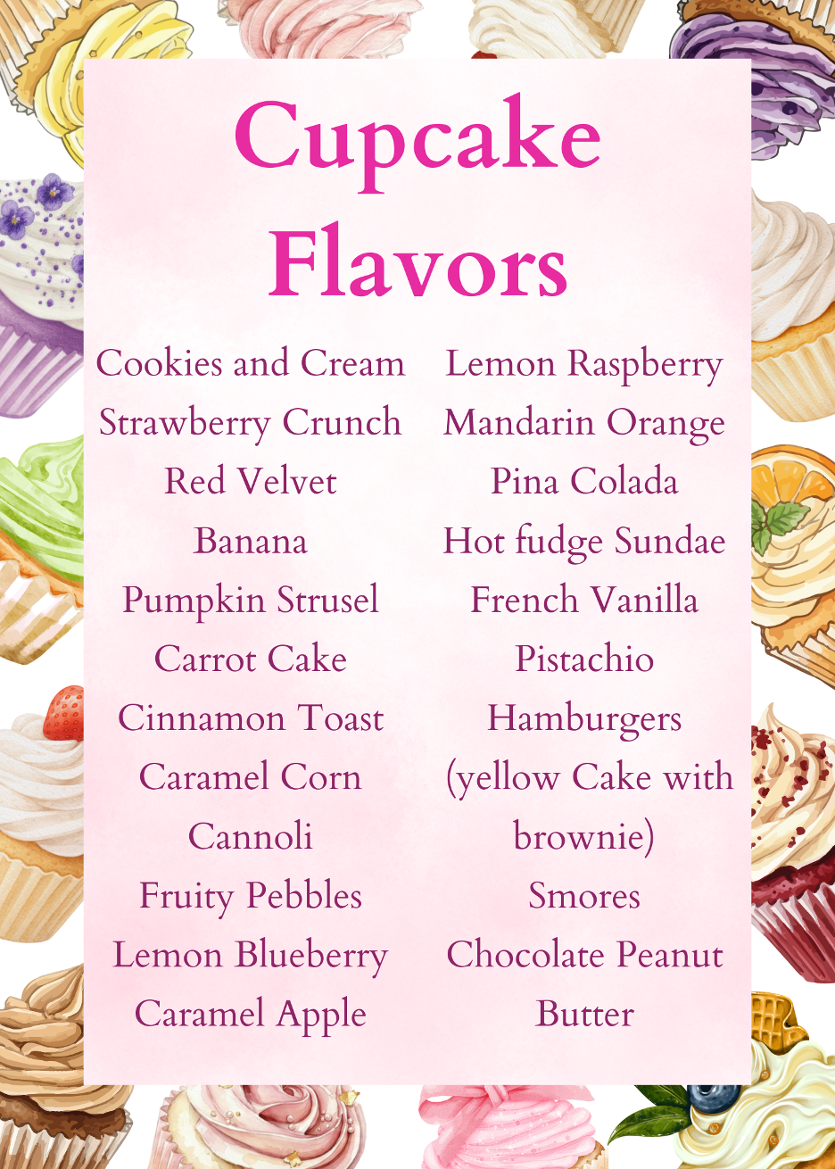 Cupcake flavors menu for Cupcakes by Sheri